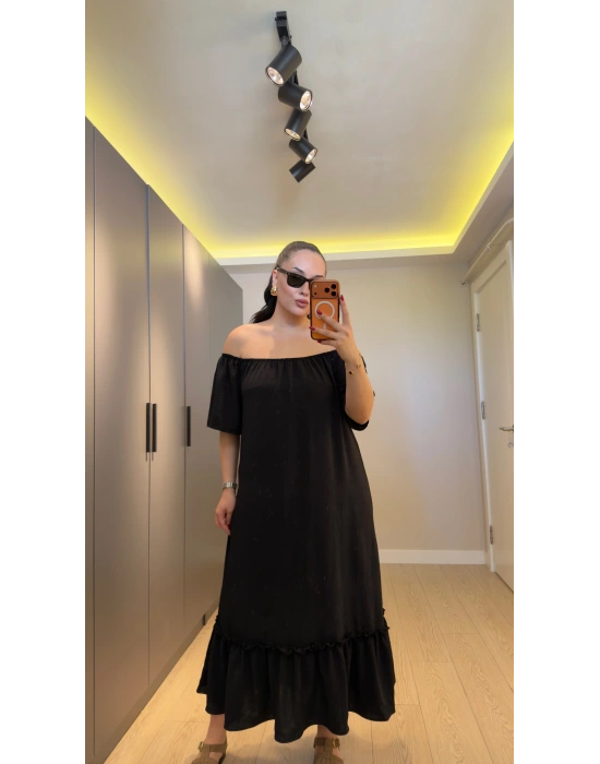 Siyah Madonna Yaka Etek Ucu Fırfırlı Elbise