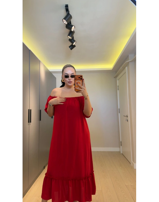 Bordo Madonna Yaka Etek Ucu Fırfırlı Elbise