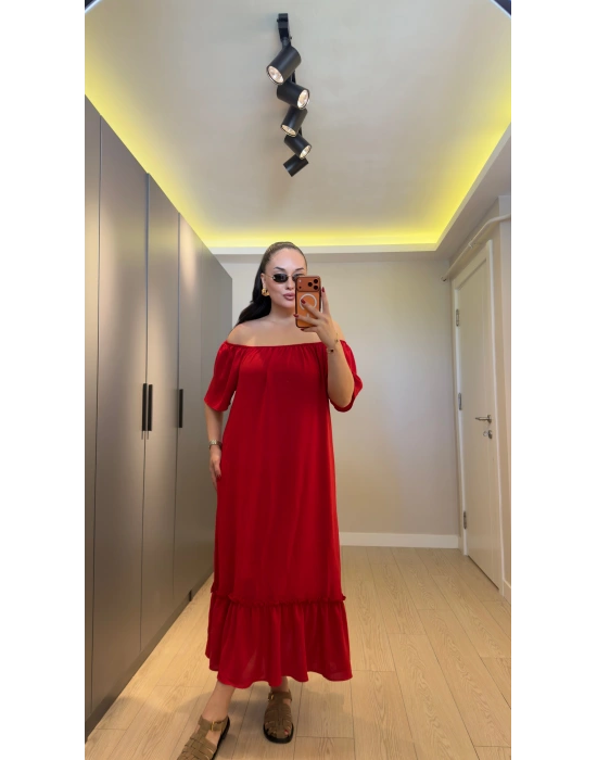 Bordo Madonna Yaka Etek Ucu Fırfırlı Elbise