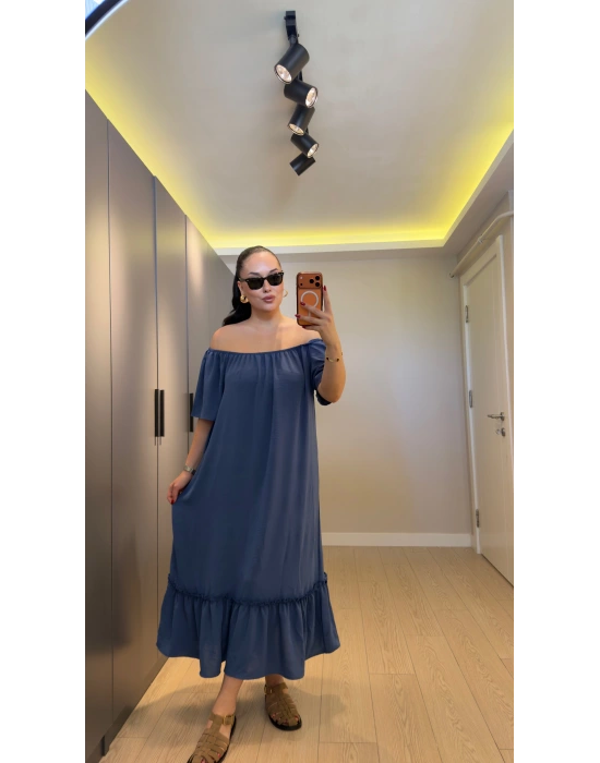 İndigo Mavi Madonna Yaka Etek Ucu Fırfırlı Elbise