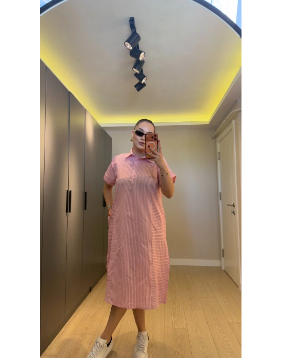 Pembe Pamuklu Çizgili Gömlek Elbise