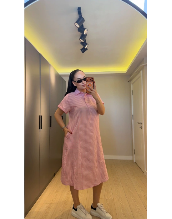 Pembe Pamuklu Çizgili Gömlek Elbise