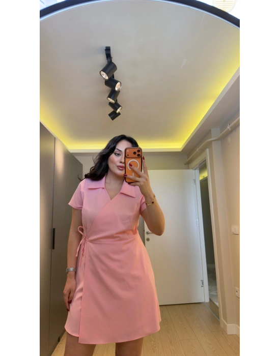Pembe Parıltı Detaylı Kruvaze Elbise