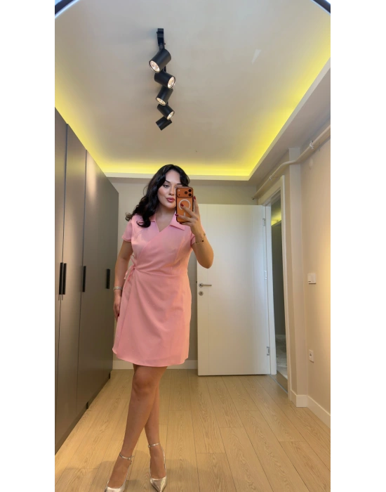 Pembe Parıltı Detaylı Kruvaze Elbise