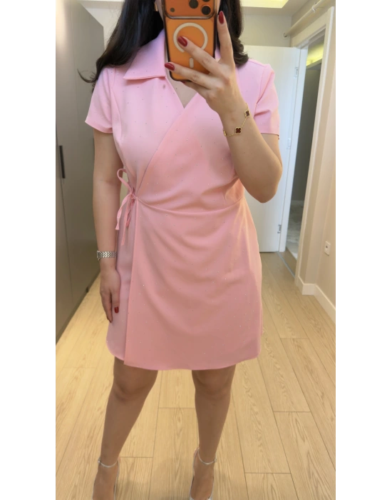 Pembe Parıltı Detaylı Kruvaze Elbise