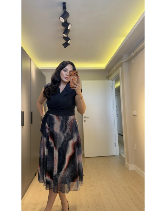 Lacivert Batik Desenli Kuşaklı Şifon Elbise