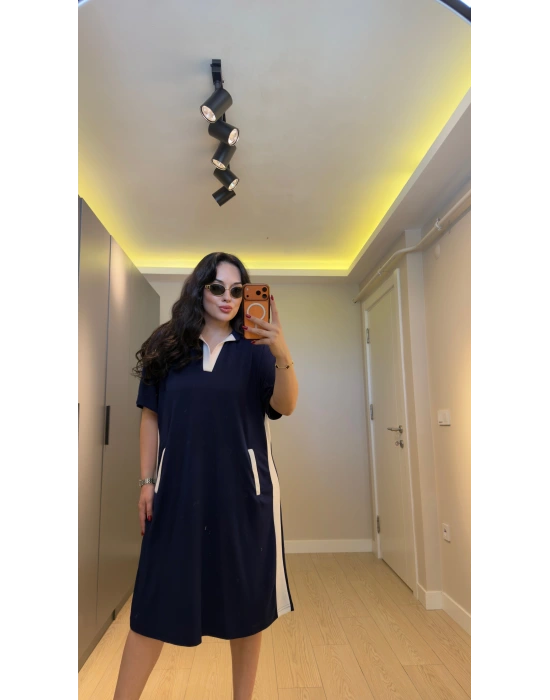 Lacivert Oysh Kumaş Beyaz Renk Bloklu Polo Yaka Elbise