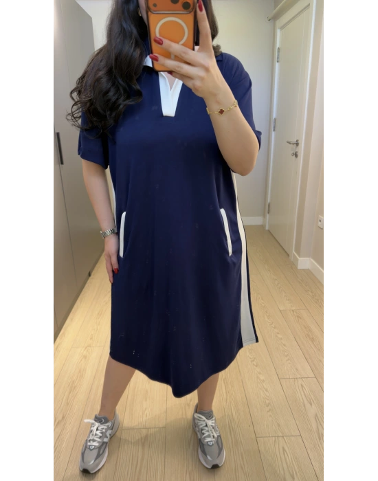 Lacivert Oysh Kumaş Beyaz Renk Bloklu Polo Yaka Elbise