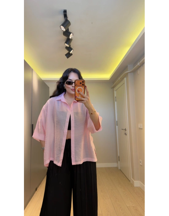 Pudra Rengi Oversize Yarım Kollu Gömlek