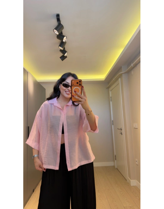 Pudra Rengi Oversize Yarım Kollu Gömlek