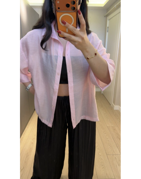 Pudra Rengi Oversize Yarım Kollu Gömlek