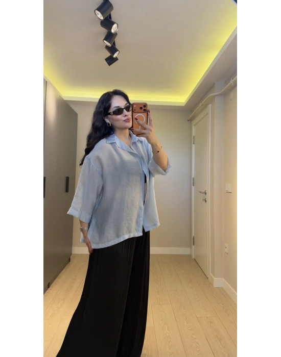 Bebe Mavi Oversize Yarım Kollu Gömlek