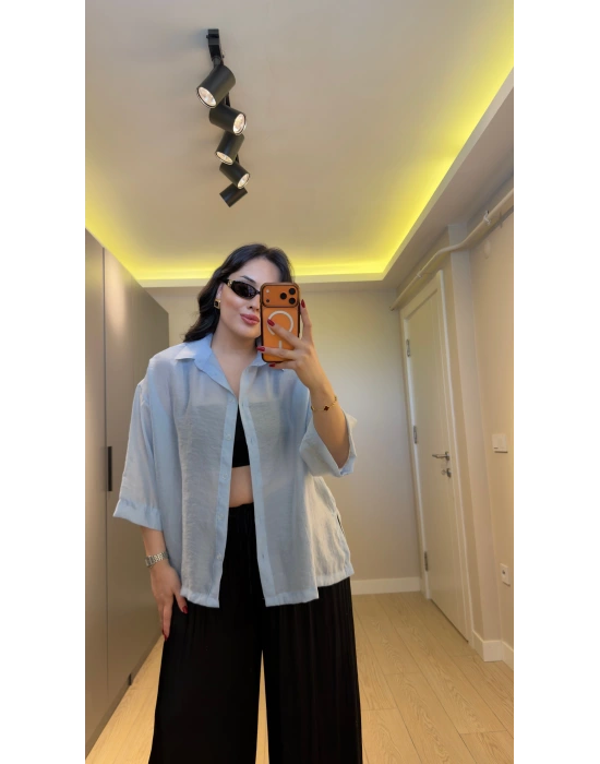 Bebe Mavi Oversize Yarım Kollu Gömlek