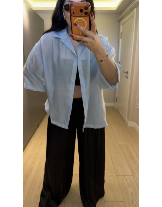 Bebe Mavi Oversize Yarım Kollu Gömlek