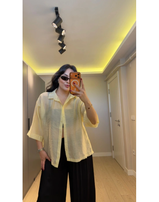 Sarı Oversize Yarım Kollu Gömlek