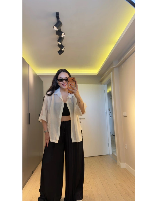 Ekru Oversize Yarım Kollu Gömlek