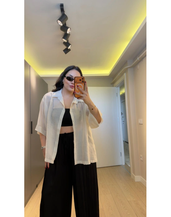 Ekru Oversize Yarım Kollu Gömlek