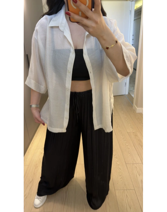 Ekru Oversize Yarım Kollu Gömlek