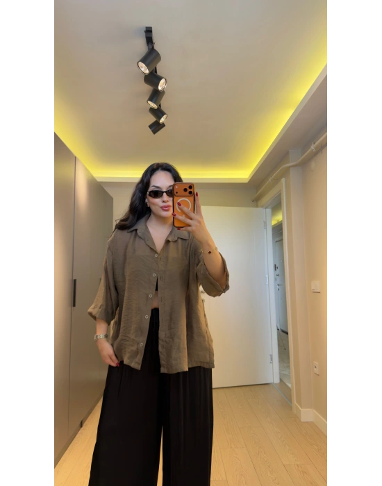 Haki Oversize Yarım Kollu Gömlek