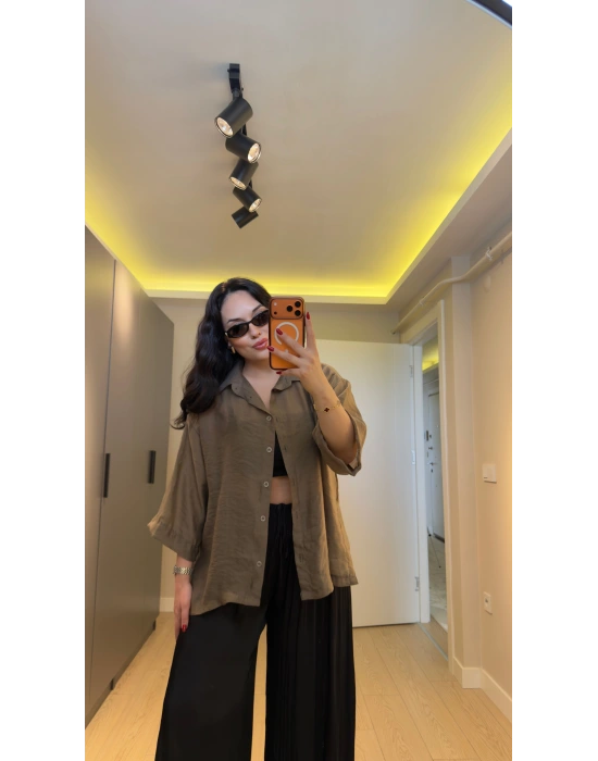 Haki Oversize Yarım Kollu Gömlek