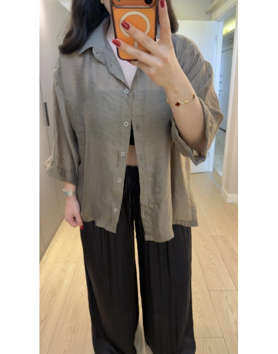Haki Oversize Yarım Kollu Gömlek