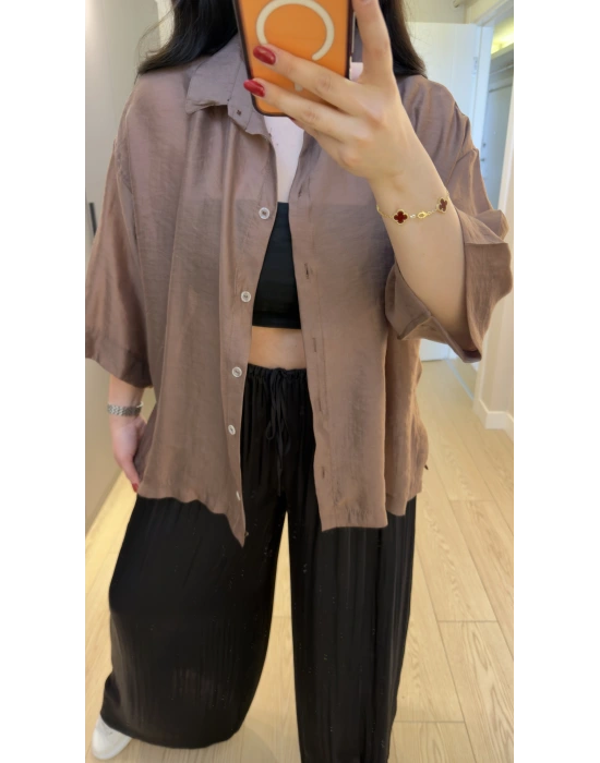 Kahverengi Oversize Yarım Kollu Gömlek