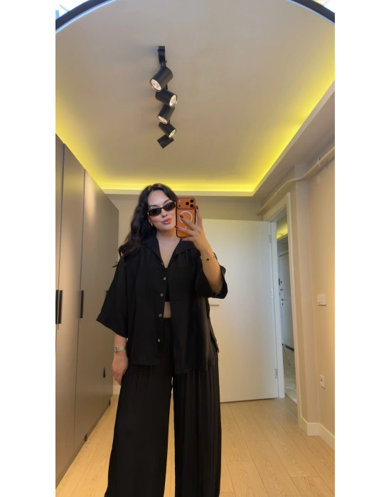 Siyah Oversize Yarım Kollu Gömlek