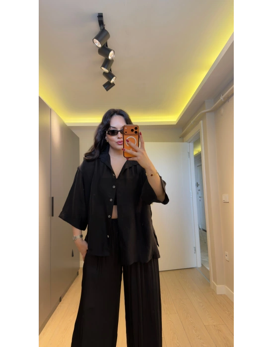 Siyah Oversize Yarım Kollu Gömlek