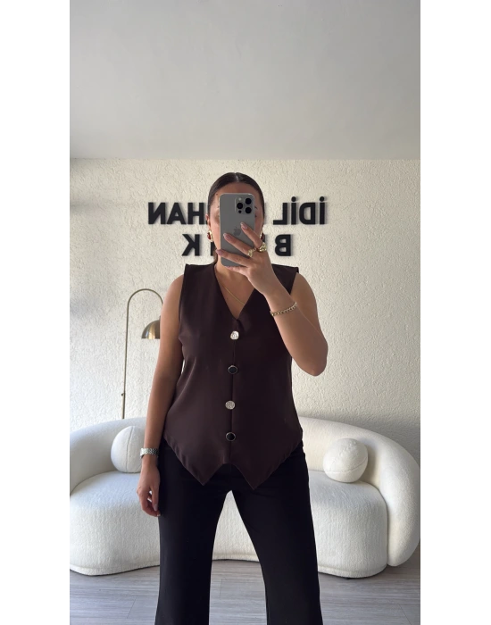 Acı Kahve Düğme Detaylı Bluz