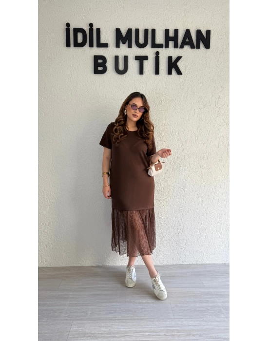 Acı Kahve Eteği Güpürlü Elbise
