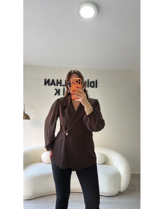 Acı Kahve Gold Düğme Detaylı Piliseli Premium Ceket