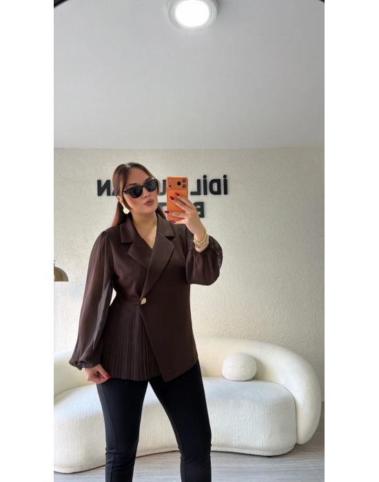 Acı Kahve Gold Düğme Detaylı Piliseli Premium Ceket