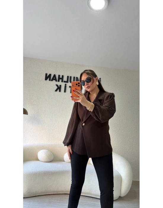 Acı Kahve Gold Düğme Detaylı Piliseli Premium Ceket