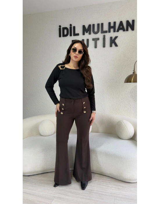 Acı Kahve Gold Düğmeli İspanyol Paça Pantolon