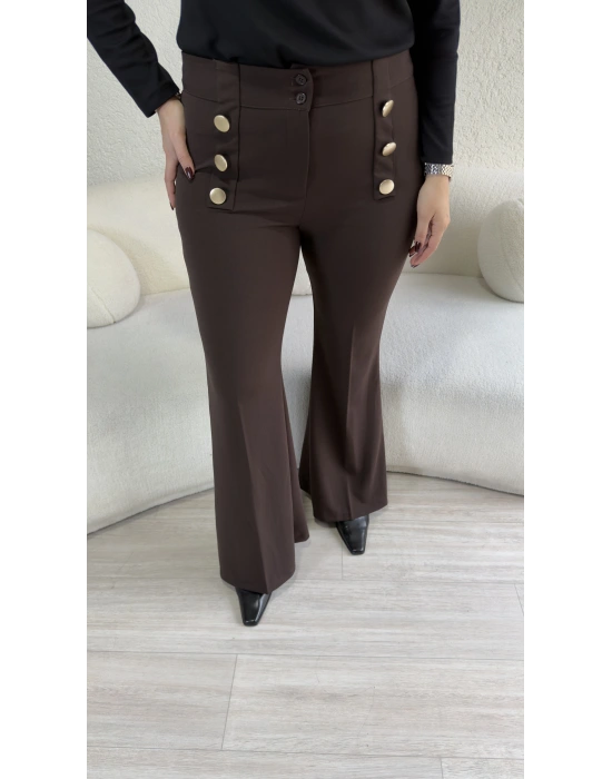 Acı Kahve Gold Düğmeli İspanyol Paça Pantolon