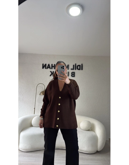 Acı Kahve Gold Düğmeli Triko Hırka
