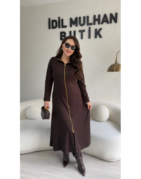 Acı Kahve Gold Fermuarlı Oysh Kumaş Elbise