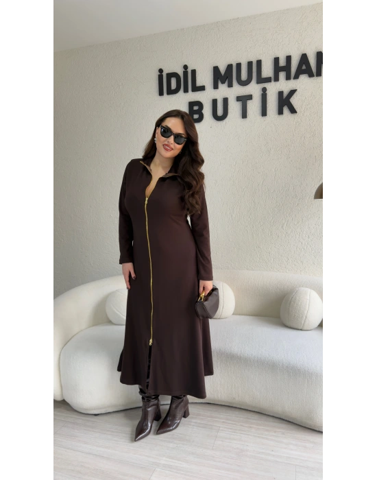 Acı Kahve Gold Fermuarlı Oysh Kumaş Elbise