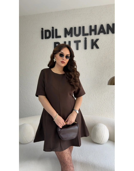Acı Kahve Kısa Kollu Godeli Elbise