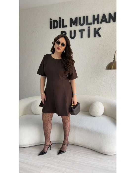 Acı Kahve Kısa Kollu Godeli Elbise
