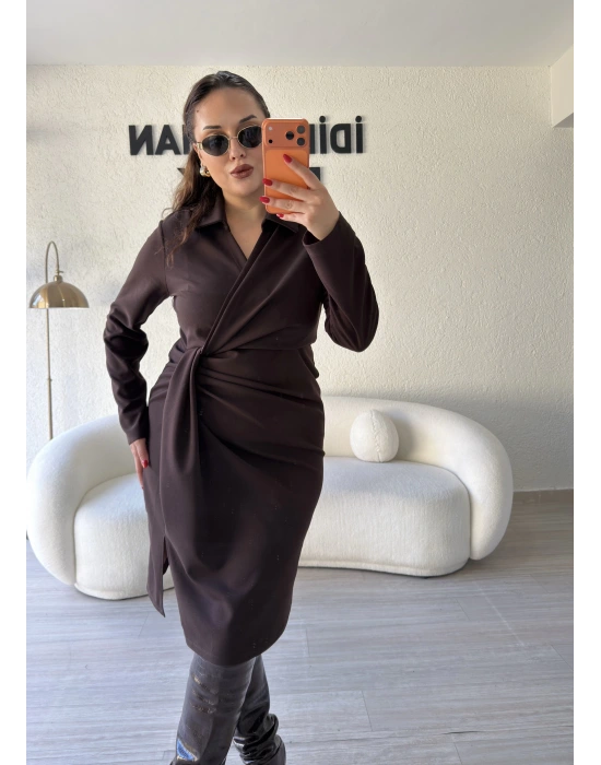 Acı Kahve Kruvaze Pile Detaylı Elbise