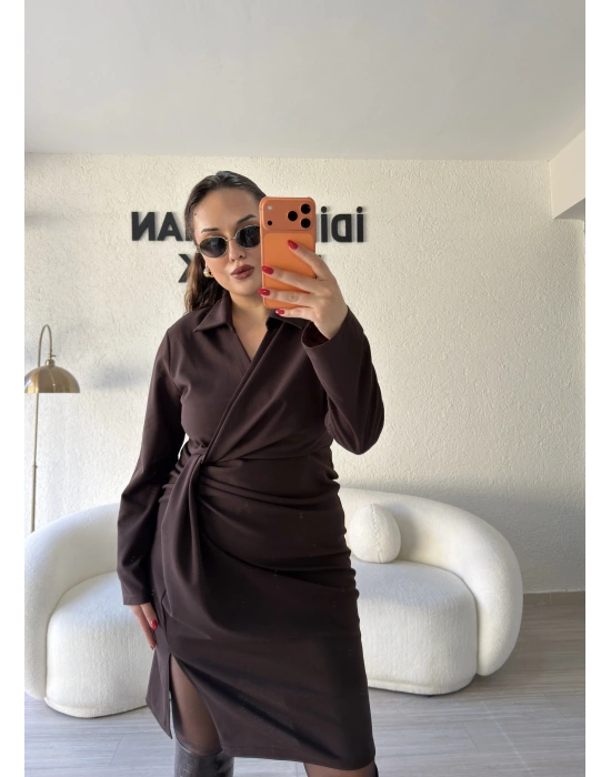 Acı Kahve Kruvaze Pile Detaylı Elbise