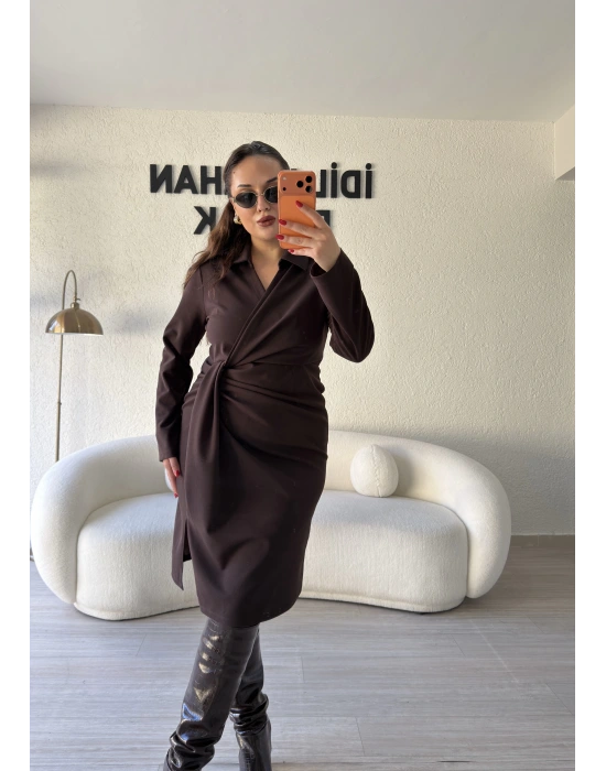 Acı Kahve Kruvaze Pile Detaylı Elbise