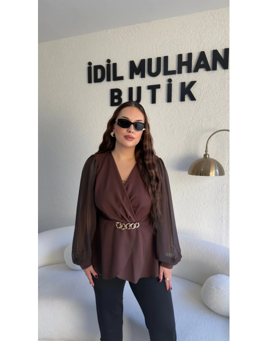 Acı Kahve Kruvaze Yaka Şifon Kollu Bluz