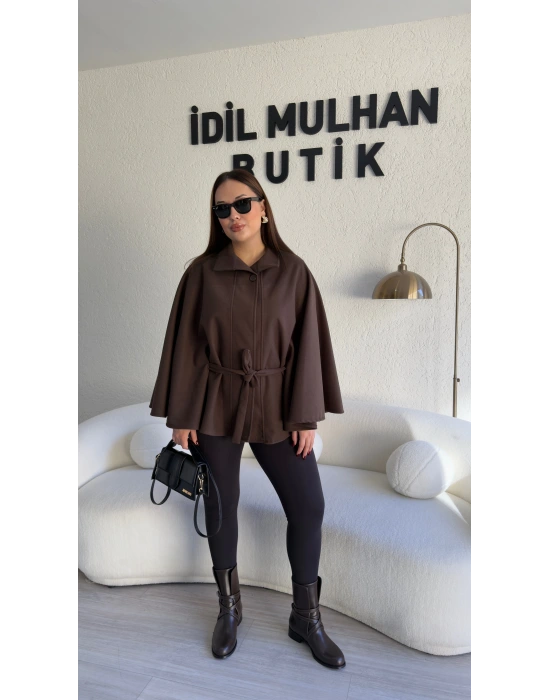 Acı Kahve Oversize Kaşe Kuşaklı Panço