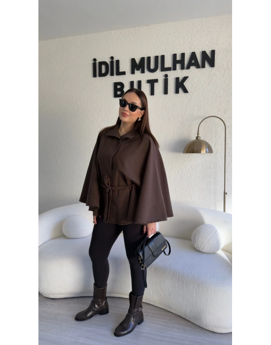 Acı Kahve Oversize Kaşe Kuşaklı Panço