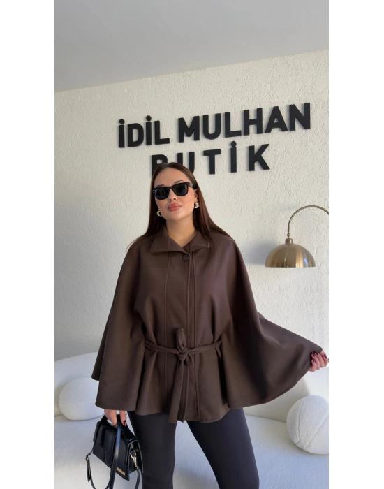 Acı Kahve Oversize Kaşe Kuşaklı Panço