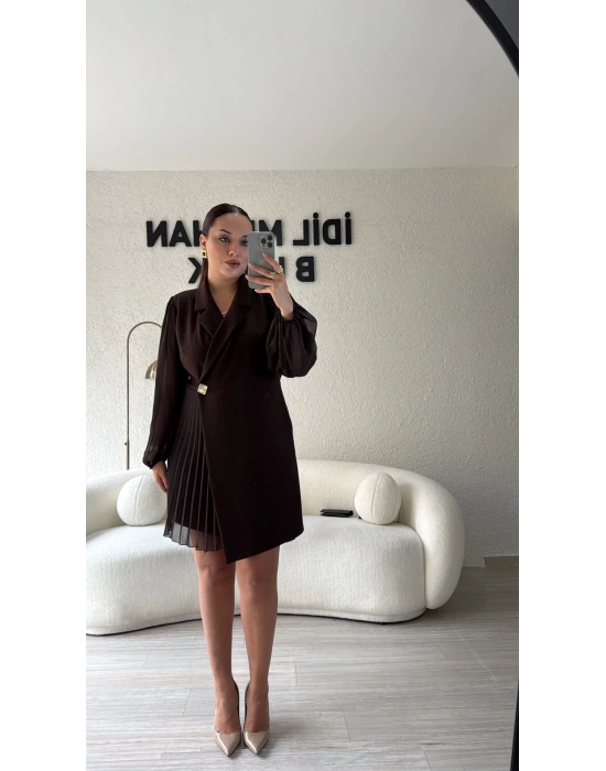 Acı Kahve Şifon Kol Gold Düğme Detaylı Elbise