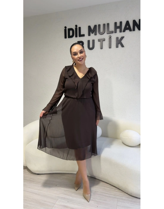 Acı Kahve Şifon Yaka Ve Kol Detaylı Elbise