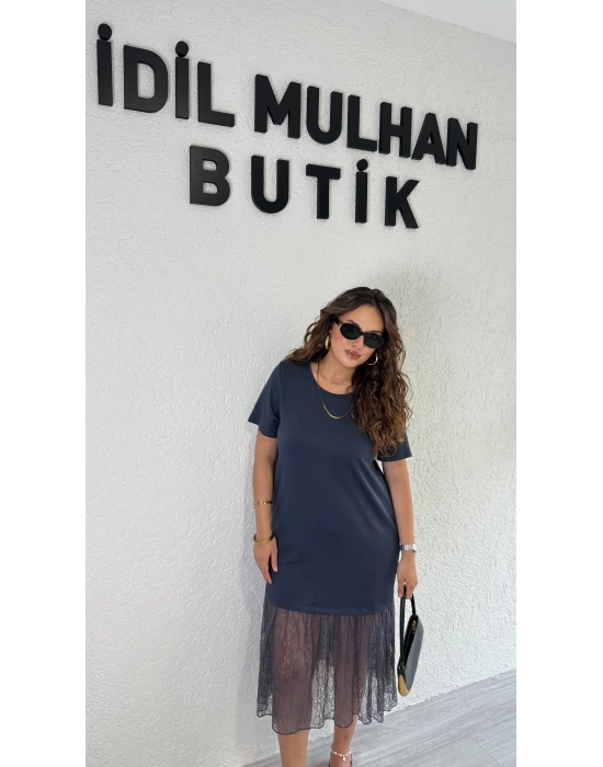 Antrasit Eteği Güpürlü Elbise